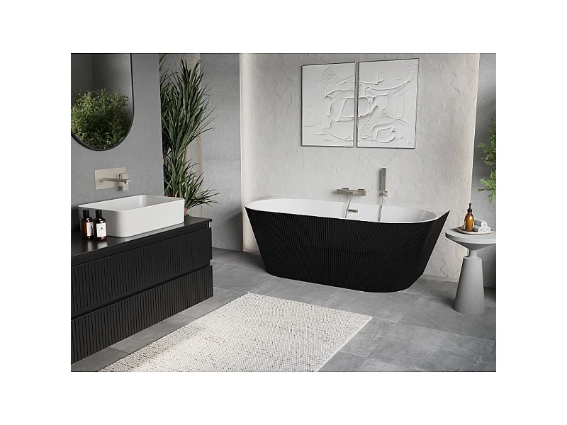 Mexen Oris freestanding wall-adjacent fluted bathtub 170 x 80 cm, white/black, brushed nickel overflow - 52871708075-97