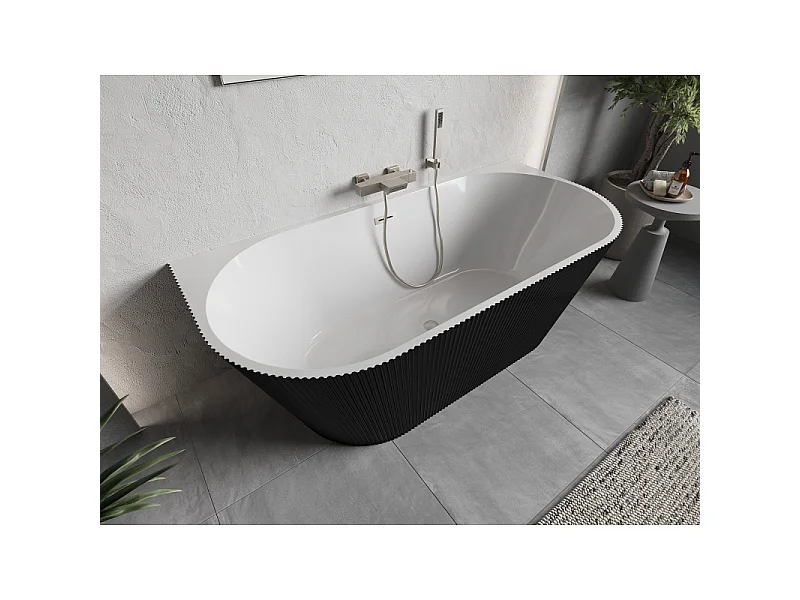 Mexen Oris freestanding wall-adjacent fluted bathtub 170 x 80 cm, white/black, brushed nickel overflow - 52871708075-97