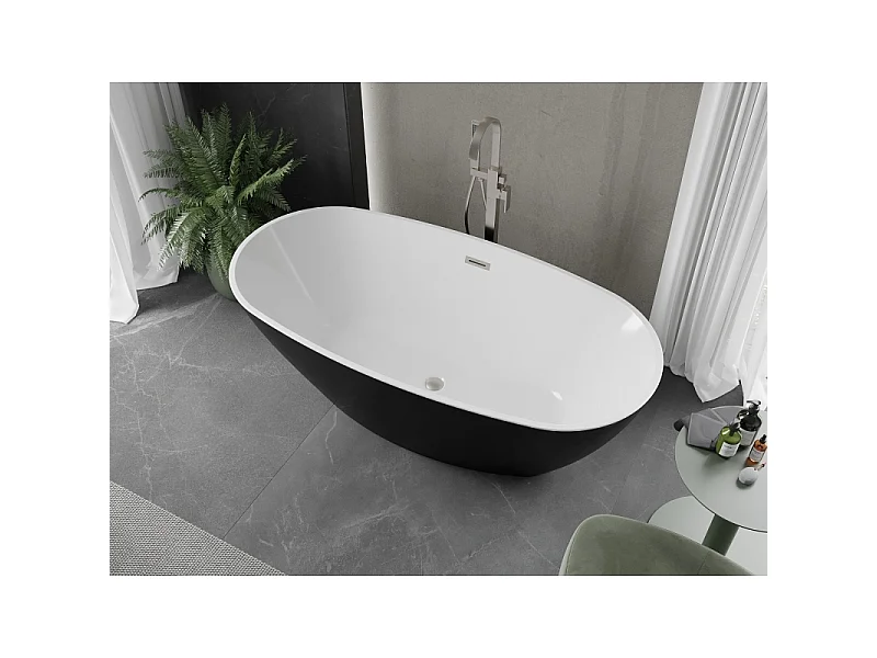 Mexen Eris vrijstaand bad 180 x 95 cm, wit/zwart, overloop geborsteld nikkel - 53441809575-97
