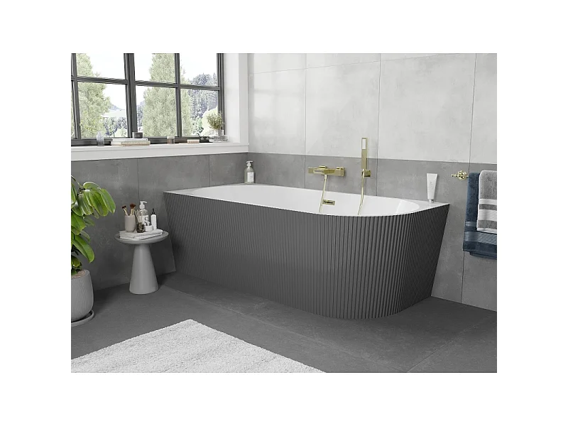 Mexen Silo freestanding corner left fluted bathtub 170 x 80 cm, white/gray, gold overflow - 52891708062L-50