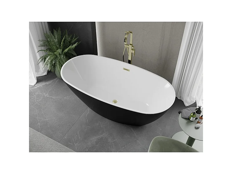 Mexen Eris freistehende Badewanne 155 x 80 cm, weiß/schwarz, Überlauf in gebürstetem Gold - 53441558075-55