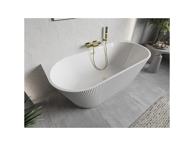 Mexen Oris vrijstaande badkuip aan de wand geribbeld 150 x 75 cm, wit, gouden geborstelde overloop - 52871507500-55