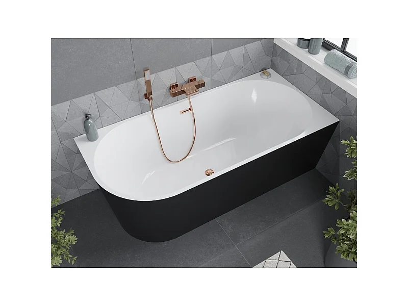 Mexen Mia baignoire îlot d'angle droite 150 x 75 cm, blanche/noire, trop-plein or rose - 52691507575P-60