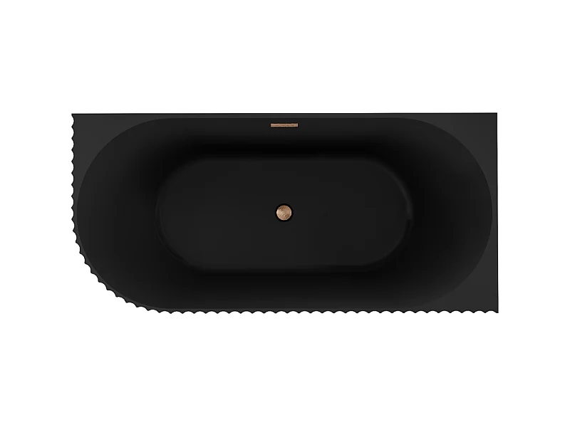 Mexen Gia baignoire autoportante d'angle rainurée droite 150 x 75 cm, noir mat, trop-plein cuivre brossé - 52701507571P-65