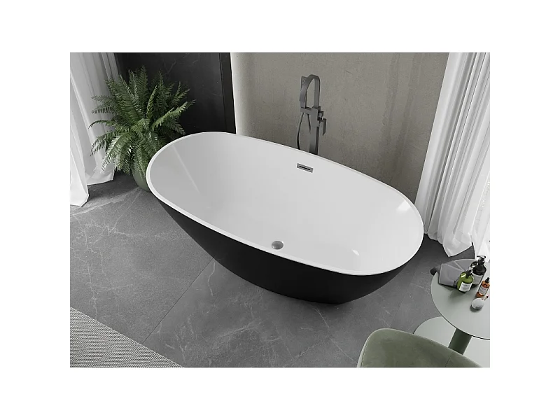 Mexen Eris freistehende Badewanne 180 x 80 cm, weiß/schwarz, Überlauf Gun Gray gebürstet - 53441808075-66