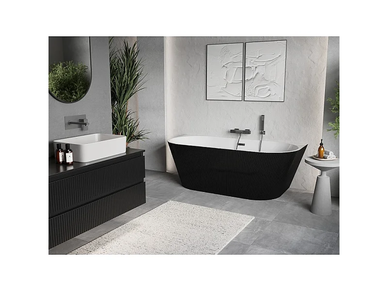 Mexen Oris free-standing ribbed wall bathtub 150 x 75 cm, white/black, overflow gun metal - 52871507575-95