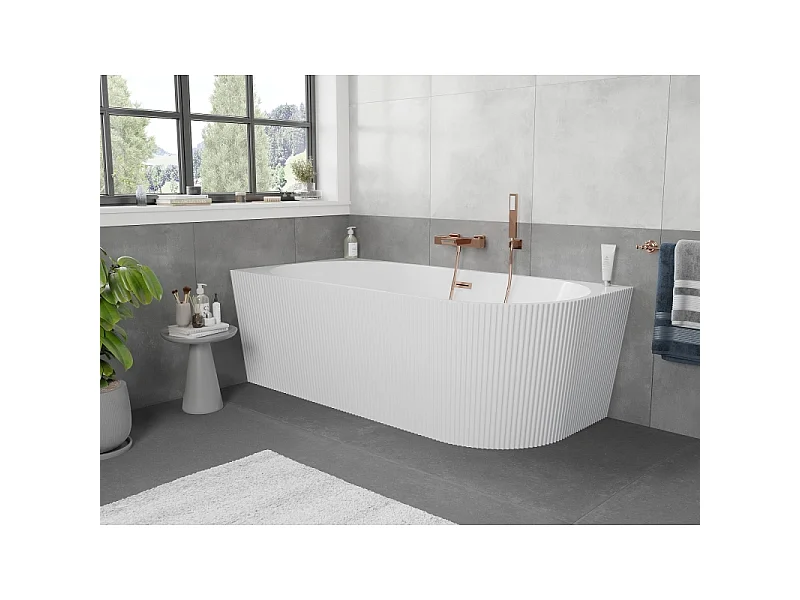 Mexen Silo baignoire autoportante d'angle gauche cannelée 150 x 75 cm, blanche, trop-plein en cuivre brossé - 52891507500L-65