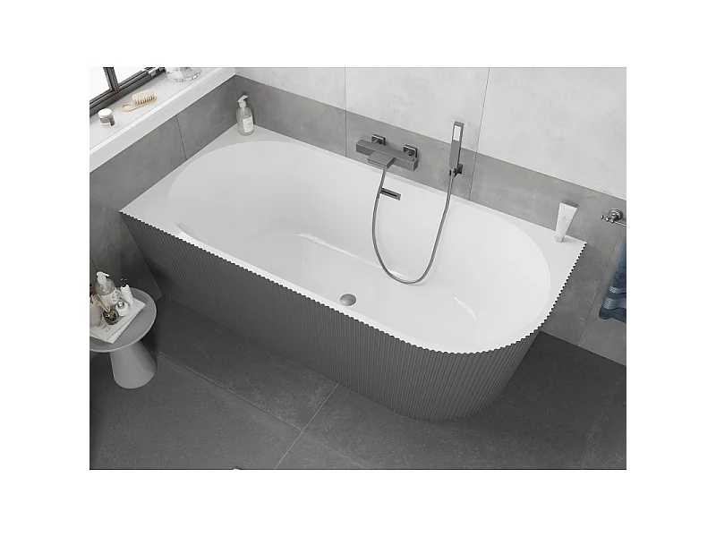 Mexen Silo baignoire îlot d'angle gauche cannelée 150 x 75 cm, blanc/gris, trop-plein gris gun brossé - 52891507562L-66