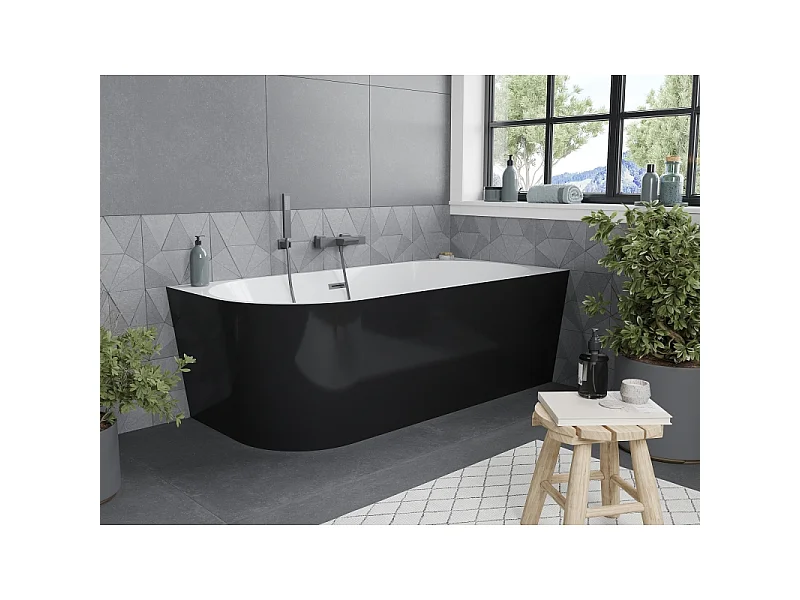 Mexen Mia baignoire autoportante d'angle droite 140 x 75 cm, blanche/noire, trop-plein gris fusil brossé - 52691407575P-66