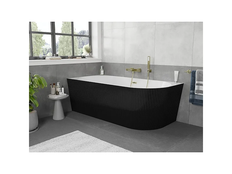 Mexen Silo freestanding corner left fluted bathtub 150 x 75 cm, white/black, brushed gold overflow - 52891507575L-55