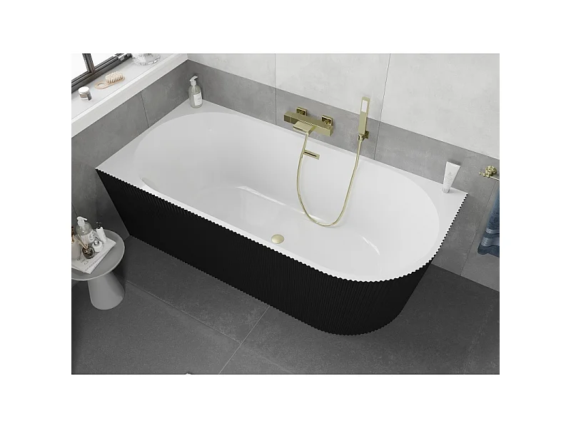 Mexen Silo freestanding corner left fluted bathtub 150 x 75 cm, white/black, brushed gold overflow - 52891507575L-55