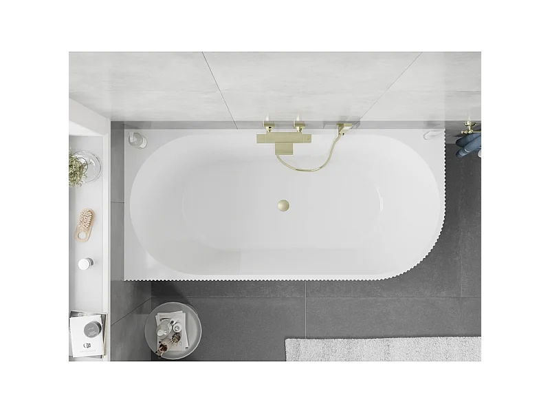 Mexen Silo freestanding corner left fluted bathtub 150 x 75 cm, white/black, brushed gold overflow - 52891507575L-55