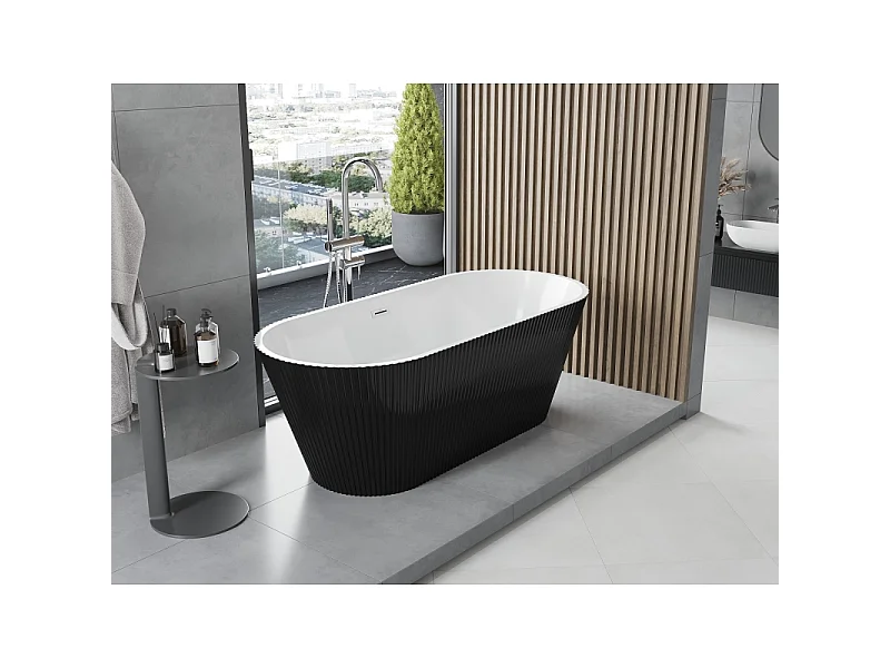 Mexen Yara freestanding fluted bathtub 170 x 75 cm, white/black, chrome overflow - 52861707575-01