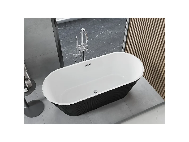 Mexen Yara freestanding fluted bathtub 170 x 75 cm, white/black, chrome overflow - 52861707575-01