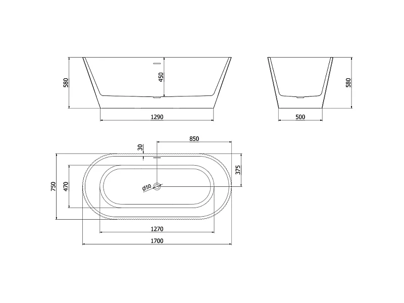 Mexen Yara freestanding fluted bathtub 170 x 75 cm, white/black, chrome overflow - 52861707575-01