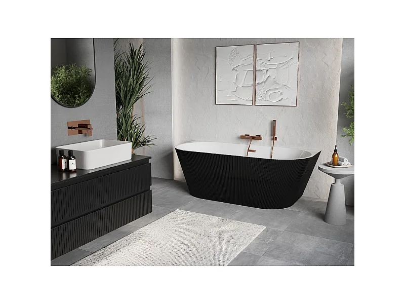 Mexen Oris vrijstaande geribbelde wandbad 170 x 80 cm, wit/zwart, overloop geborsteld koper - 52871708075-65