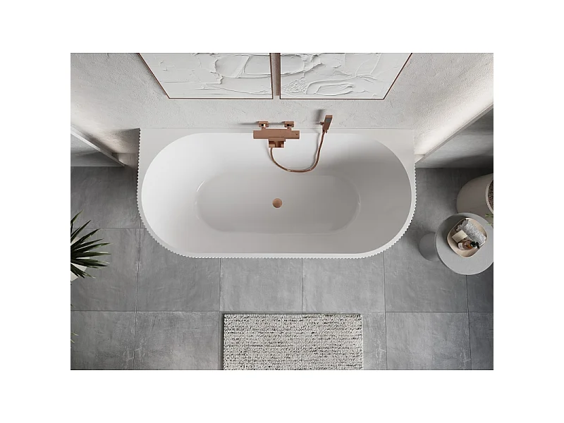 Mexen Oris vrijstaande geribbelde wandbad 170 x 80 cm, wit/zwart, overloop geborsteld koper - 52871708075-65