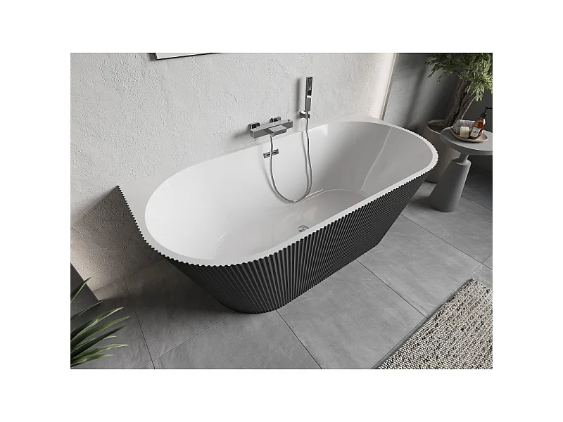 Mexen Oris fritstående vægtilsluttet rillet badekar 170 x 80 cm, hvid/grå, overløb krom - 52871708062-01
