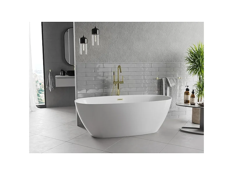 Mexen Luvo Slim bañera exenta 170 x 75 cm, blanca, desbordamiento dorado cepillado - 52801707500-55
