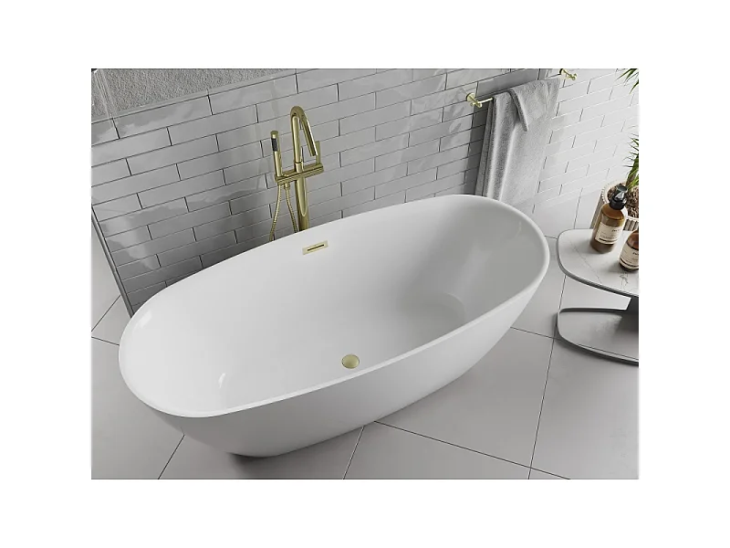 Mexen Luvo Slim bañera exenta 170 x 75 cm, blanca, desbordamiento dorado cepillado - 52801707500-55