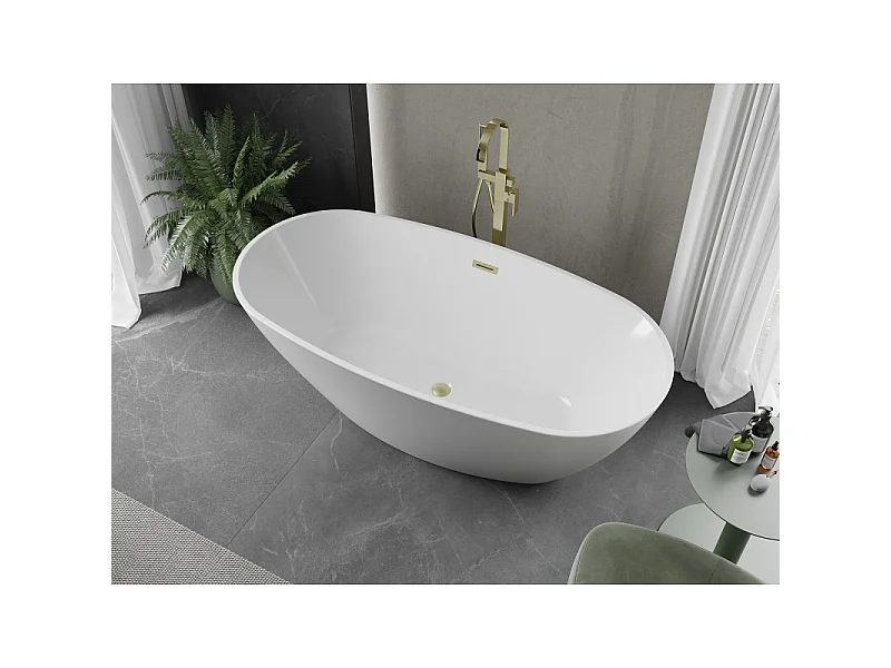Mexen Eris baignoire autoportante 180 x 95 cm, blanche, trop-plein doré brossé - 53441809500-55