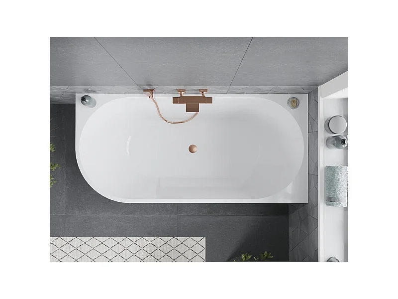 Mexen Mia baignoire autoportante d'angle droite 160 x 75 cm, blanche, trop-plein cuivre brossé - 52691607500P-65