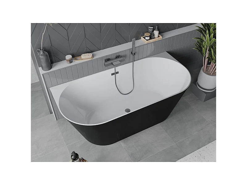 Mexen Oval Slim freestanding wall-mounted bathtub 170 x 80 cm, white/black, brushed gun gray overflow - 52661708075-66