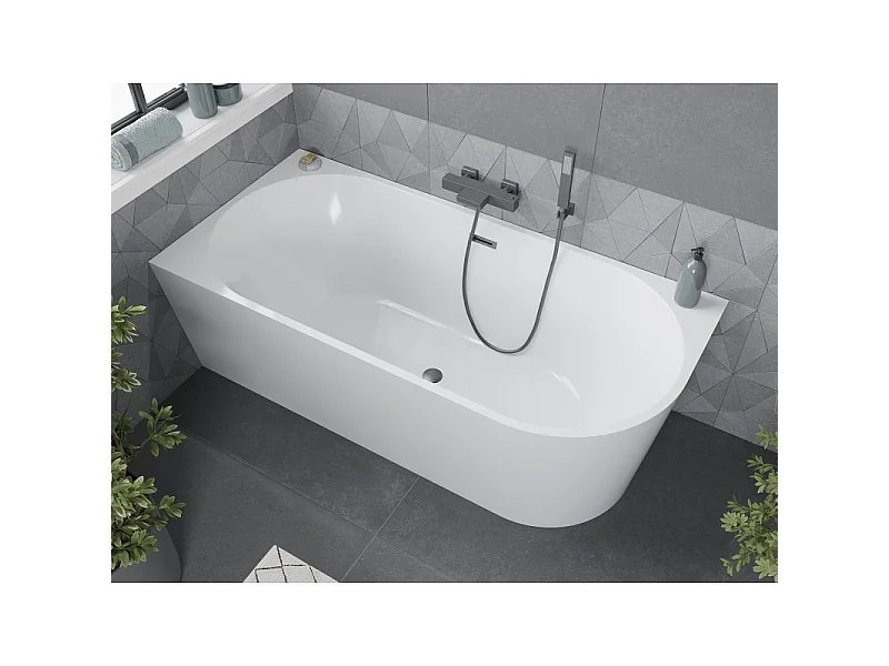 Mexen Mia freestanding corner left bathtub 160 x 80 cm, white, brushed gun gray overflow - 52691608000L-66