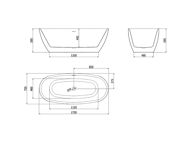 Mexen Luvo Slim freestanding bathtub 170 x 75 cm, white/black, brushed nickel overflow - 52801707575-97