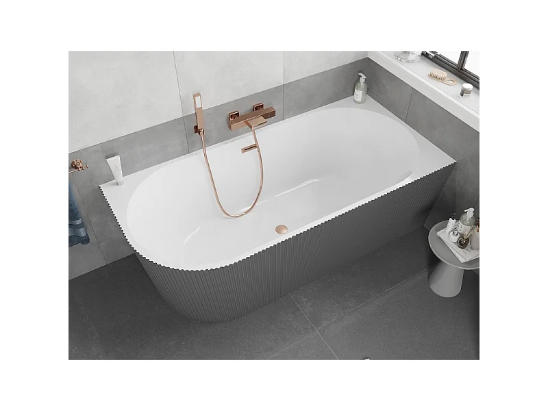 Mexen Silo baignoire autoportante d'angle droite rainurée 150 x 75 cm, blanche/grise, trop-plein en cuivre brossé