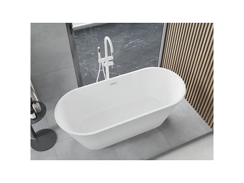 Mexen Yara vrijstaande geribbelde badkuip 170 x 75 cm, wit, witte overloop - 52861707500-20