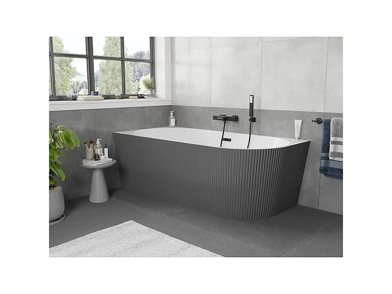 Mexen Silo freestanding corner left fluted bathtub 170 x 80 cm, white/gray, black overflow - 52891708062L-70