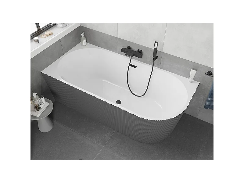 Mexen Silo freestanding corner left fluted bathtub 170 x 80 cm, white/gray, black overflow - 52891708062L-70