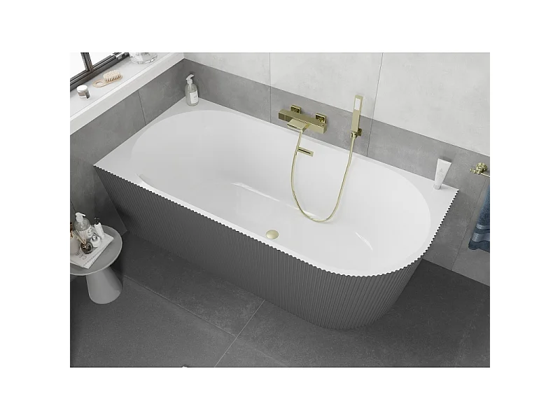 Mexen Silo baignoire autoportante d'angle gauche rainurée 170 x 80 cm, blanc/gris, trop-plein or brossé - 52891708062L-55