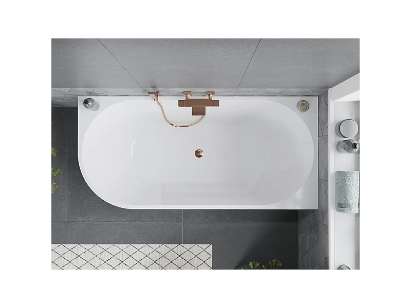 Mexen Mia freestanding corner bath right 140 x 75 cm, white, overflow rose gold - 52691407500P-60