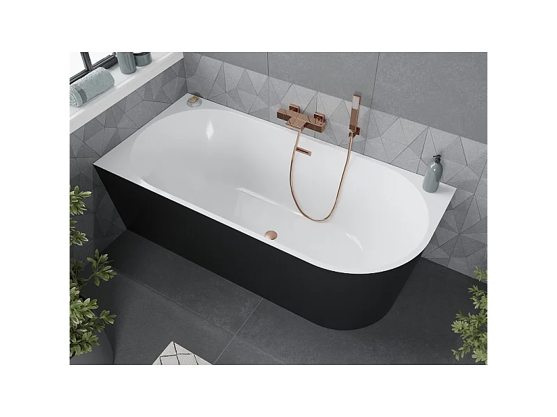 Mexen Mia baignoire autoportante d'angle gauche 150 x 75 cm, blanche/noire, trop-plein cuivre brossé - 52691507575L-65