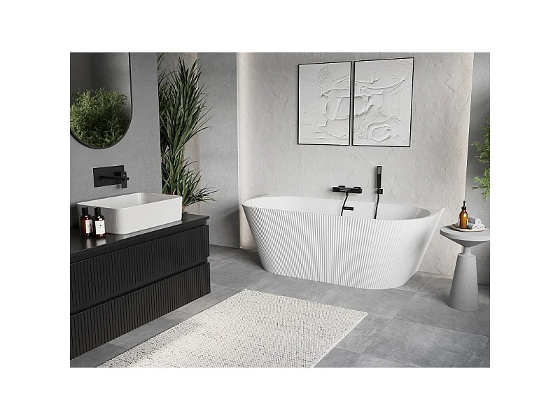 Mexen Oris vrijstaande gegroefde wandbad 150 x 75 cm, wit, zwarte overloop - 52871507500-70