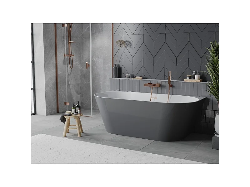 Mexen Oval Slim freistehende Wandbadewanne 170 x 80 cm, weiß/grau, Überlauf gebürstetes Kupfer - 52661708062-65