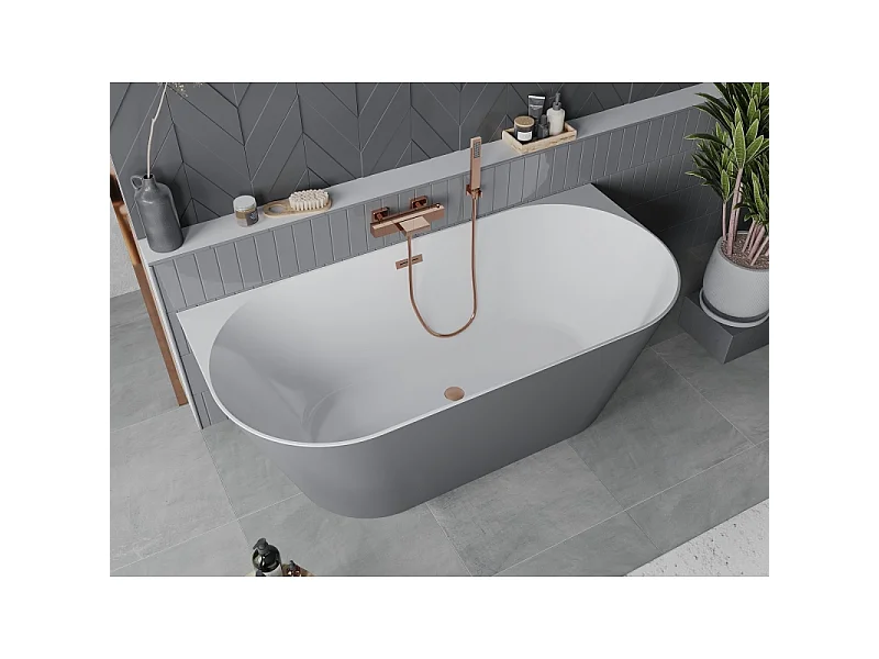 Mexen Oval Slim freistehende Wandbadewanne 170 x 80 cm, weiß/grau, Überlauf gebürstetes Kupfer - 52661708062-65