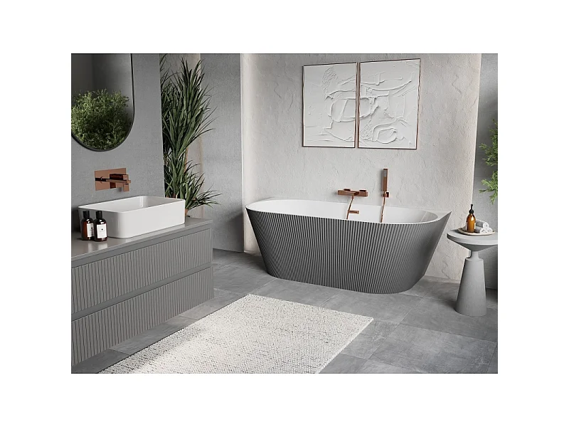 Mexen Oris free-standing wall-adjacent grooved bathtub 150 x 75 cm, white/gray, brushed copper overflow - 52871507562-65