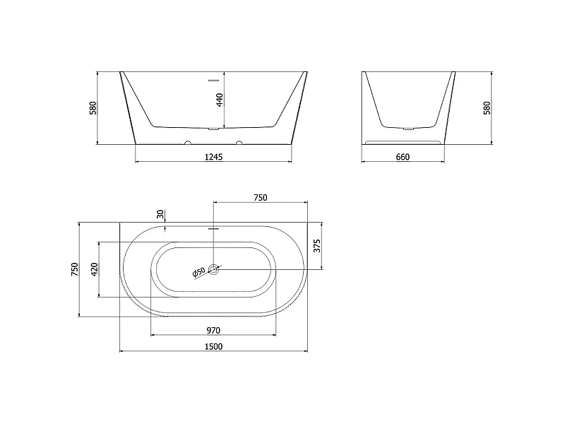 Mexen Oris free-standing wall-adjacent grooved bathtub 150 x 75 cm, white/gray, brushed copper overflow - 52871507562-65