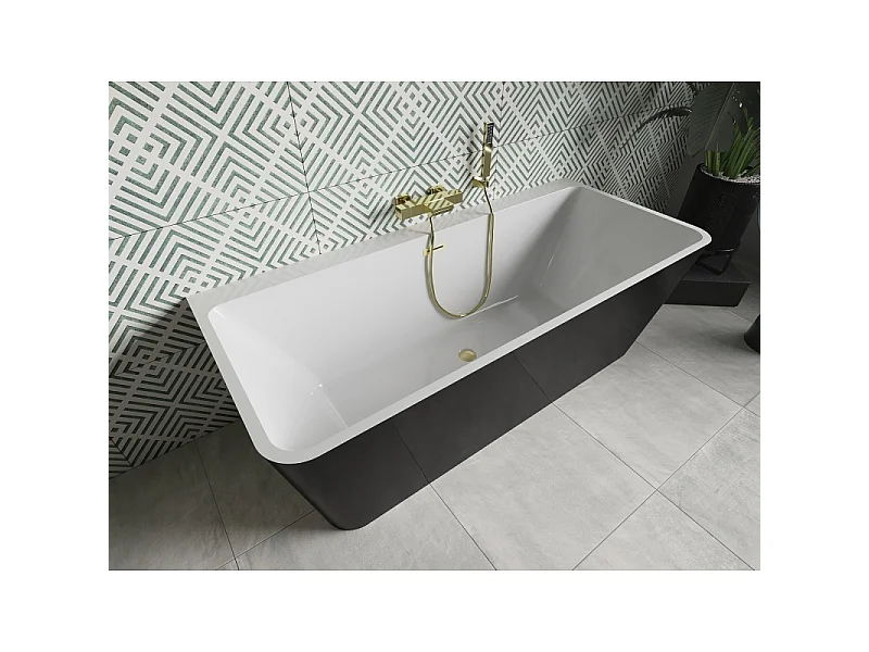 Mexen Volta banheira independente encostada à parede 170 x 75 cm, branca/preta, transbordo dourado escovado - 51131707575-55