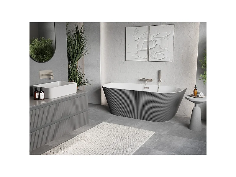 Mexen Oris freestanding wall-mounted fluted tub 150 x 75 cm, white/gray, brushed nickel overflow - 52871507562-97