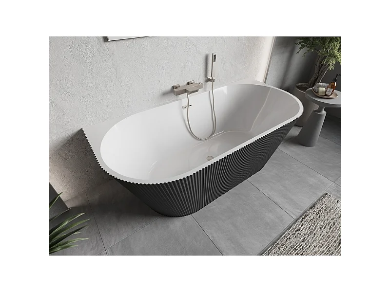 Mexen Oris freestanding wall-mounted fluted tub 150 x 75 cm, white/gray, brushed nickel overflow - 52871507562-97