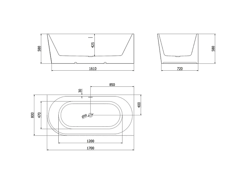 Mexen Silo free-standing corner bathtub, right grooved 170 x 80 cm, white/gray, white overflow - 52891708062P-20