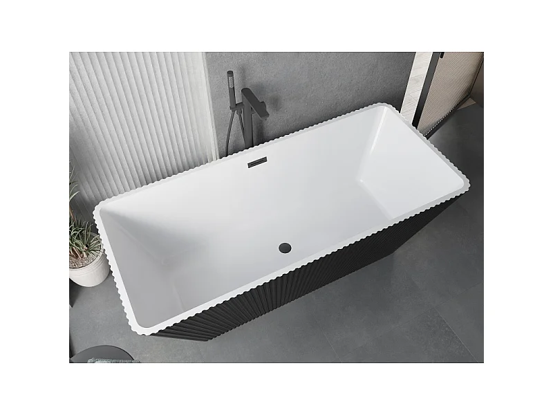 Mexen Tava vrijstaande geribbelde badkuip 170 x 75 cm, wit/zwart, zwarte overloop - 52851707575-70