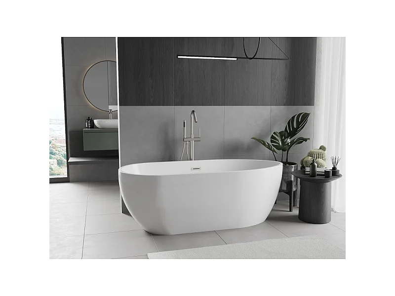 Mexen Eos freistehende Badewanne 150 x 75 cm, weiß, Überlauf gebürstetes Nickel - 52471507500-97
