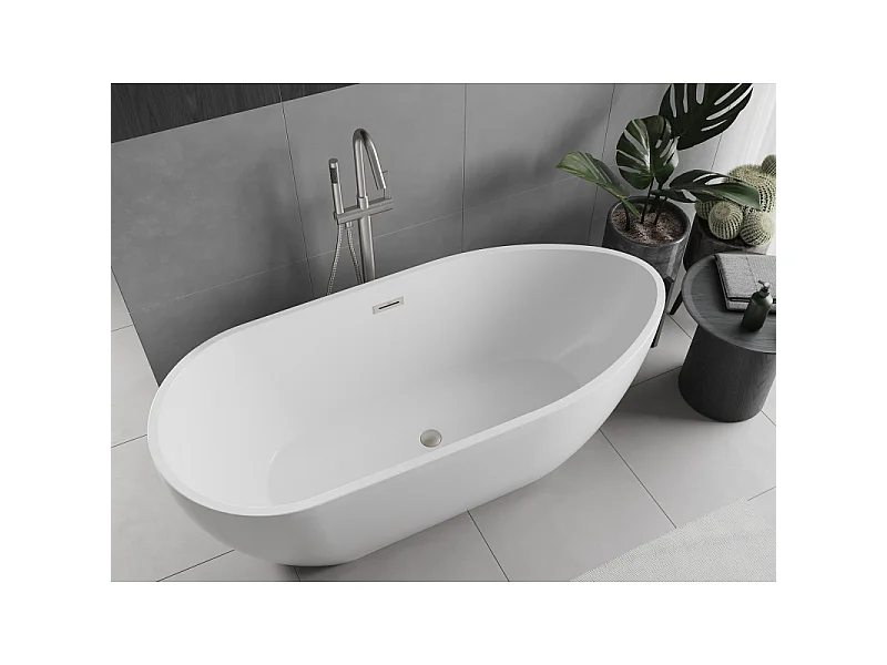 Mexen Eos freistehende Badewanne 150 x 75 cm, weiß, Überlauf gebürstetes Nickel - 52471507500-97