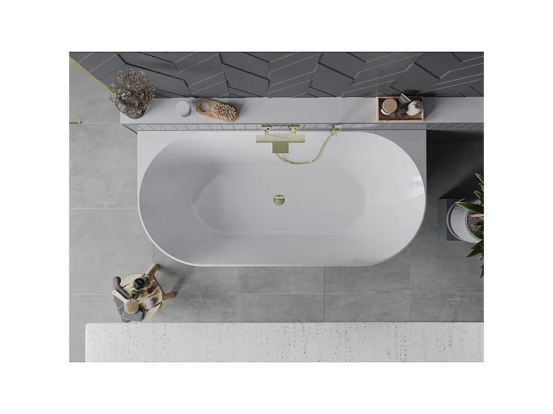 Mexen Oval Slim freestanding wall bathtub 170 x 80 cm, white/black, gold overflow - 52661708075-50