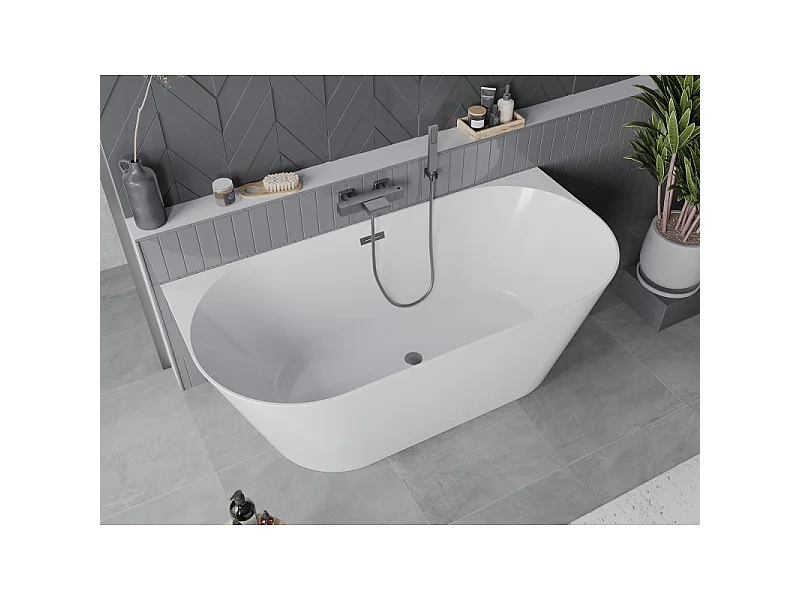 Mexen Oval Slim vasca da bagno indipendente a parete 170 x 80 cm, bianca, troppopieno grigio pistola spazzolato - 52661708000-66